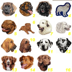 Leonberger, Pyrenean Mountain Dog, Dalmatian, Dogue de Bordeaux, Chesapeake Bay Retriever, patch, iron-on or sew-on applique, by Team Numérik