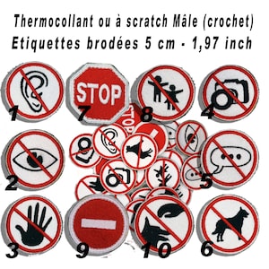 Non-verbal communication patch, embroidered diam 5 cm - do not touch, speak, look - badge label applique - pictogram - by team numerik