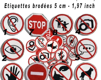 Non-verbal communication patch, embroidered diam 5 cm - do not touch, speak, look - badge label applique - pictogram - by team numerik