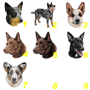 Peut inclure: Neuf images brodées différentes de chiens de berger australien dans différentes poses et couleurs. Les chiens sont tous face à l'avant et ont la langue qui pend. Les images sont numérotées de 1 à 9.