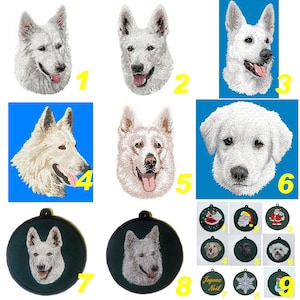 Embroidered patch badge, Swiss white shepherd, Canadian shepherd, canine embroidery, machine embroidery, iron-on, sewing, by team numérik