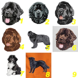 May include: Nine different embroidery designs featuring a Newfoundland dog in various poses and colors. The designs include a black and white puppy, a black dog standing, a brown dog standing, and several headshots of the dog.