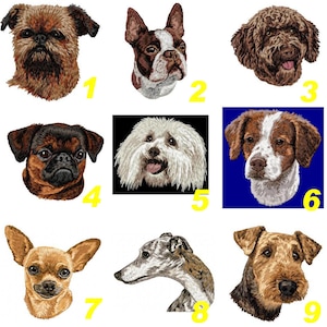 May include: A collage of nine different dog breeds, each with a unique appearance and personality. The dogs are all looking at the camera, and their faces are clearly visible. The breeds include a Brussels Griffon, Boston Terrier, Portuguese Water Dog, Bichon Frise, Brittany Spaniel, Chihuahua, Greyhound, Airedale Terrier.
