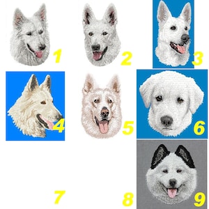 Peut inclure: Neuf images brodées différentes de chiens blancs avec différentes expressions faciales. Les images sont numérotées de 1 à 9.