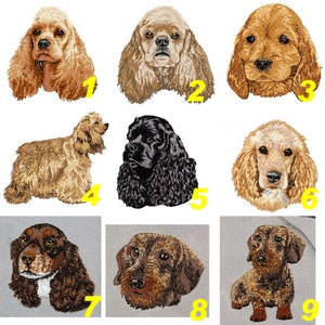 Peut inclure: Neuf images brodées de chiens, dont des cockers anglais et des teckels. Les images sont numérotées de 1 à 9.