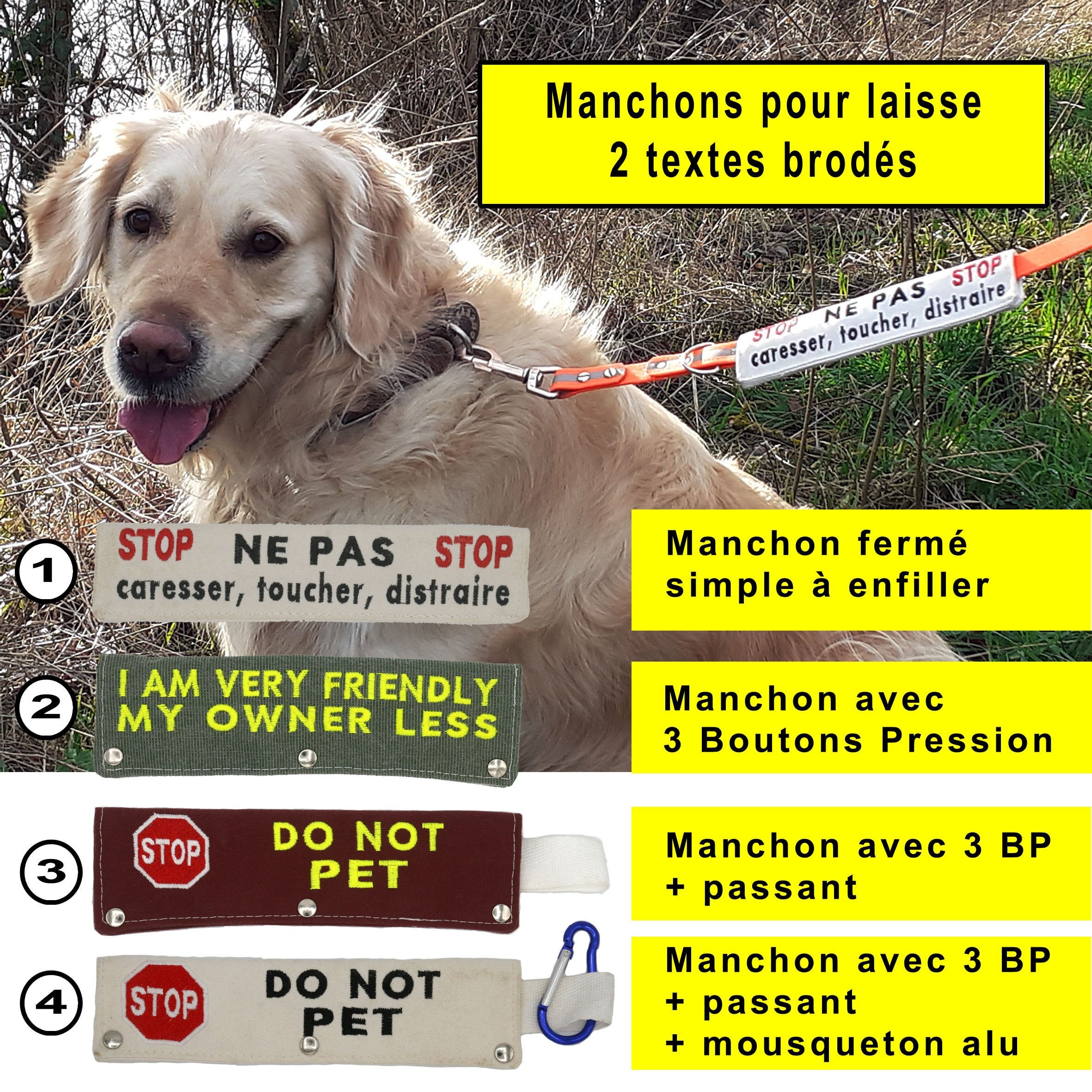 Manchon/ Manche/Enveloppe Signe Pour Laisse Texte Brodé R/V, Chien d'assistance, Ne Pas Caresser Dis