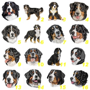 May include: A collection of sixteen embroidered patches featuring Bernese Mountain Dogs in various poses and expressions, labelled with yellow numbers one through sixteen. Each patch displays the dog's characteristic black, white, and tan fur.