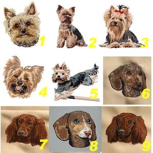 Könnte beinhalten: Neun gestickte Bilder von Hunden, darunter Yorkshire Terrier und Dackel. Die Bilder sind von 1 bis 9 nummeriert.