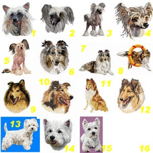 Realistischer, gestickter Aufnäher, Chinesischer Schopfhund, Schottischer Shetland Collie, zum Aufbügeln oder Aufnähen, West Highland White Terrier. Von Team Numerik.