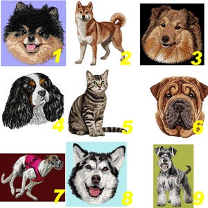 Peut inclure: Un collage de neuf images représentant différentes races de chiens et de chats. Les images sont disposées en grille de 3x3. La rangée du haut présente un spitz nain noir et brun, un Shiba Inu brun et blanc et un Shetland Sheepdog brun et blanc. La rangée du milieu présente un Cavalier King Charles Spaniel noir et blanc, un chat tigré et un Shar-Pei brun et blanc. La rangée du bas présente un lévrier brun et blanc, un Malamute d'Alaska noir et blanc et un Schnauzer nain gris et noir.