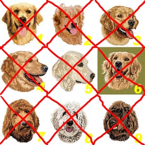 Könnte beinhalten: Ein Raster aus neun gestickten Hundeporträts verschiedener Golden Retriever- und Doodle-Rassen in Gold-, Creme-, Weiß- und Brauntönen. Jedes Porträt ist gelb von eins bis neun nummeriert, wobei ein rotes X über jedem Bild liegt.