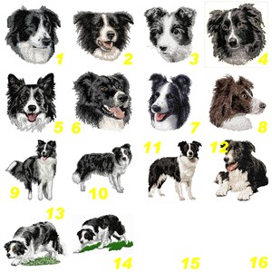 Peut inclure: Une collection de seize écussons brodés représentant divers chiens Border Collie dans différentes poses et expressions, étiquetés avec des chiffres jaunes vifs de un à quatorze, montrant des motifs de fourrure noirs, blancs et marron.