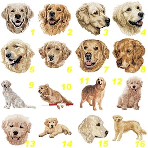 May include: A collection of sixteen embroidered golden retriever illustrations labeled with yellow numbers one through sixteen. The images depict various poses including head portraits, sitting, lying down, and jumping over a red and white hurdle.