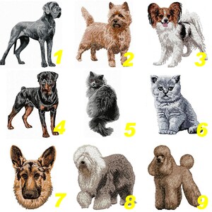 Peut inclure: Un collage de neuf images représentant différentes races de chiens et de chats. Les images sont numérotées de 1 à 9. Les chiens comprennent un grand danois, un cairn terrier, un papillon, un rottweiler, un bobtail et un caniche. Les chats comprennent un persan et un british shorthair.