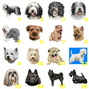 Peut inclure: Une collection de seize illustrations de chiens brodées disposées en grille, chacune étiquetée avec un numéro jaune. Les images présentent diverses races en noir, blanc, gris, marron et beige, montrant des portraits en pied et de tête.