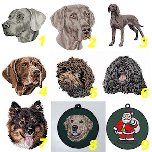 Puede incluir: Nueve parches bordados con diferentes razas de perros y un diseño de Papá Noel. Los parches están numerados del 1 al 9.