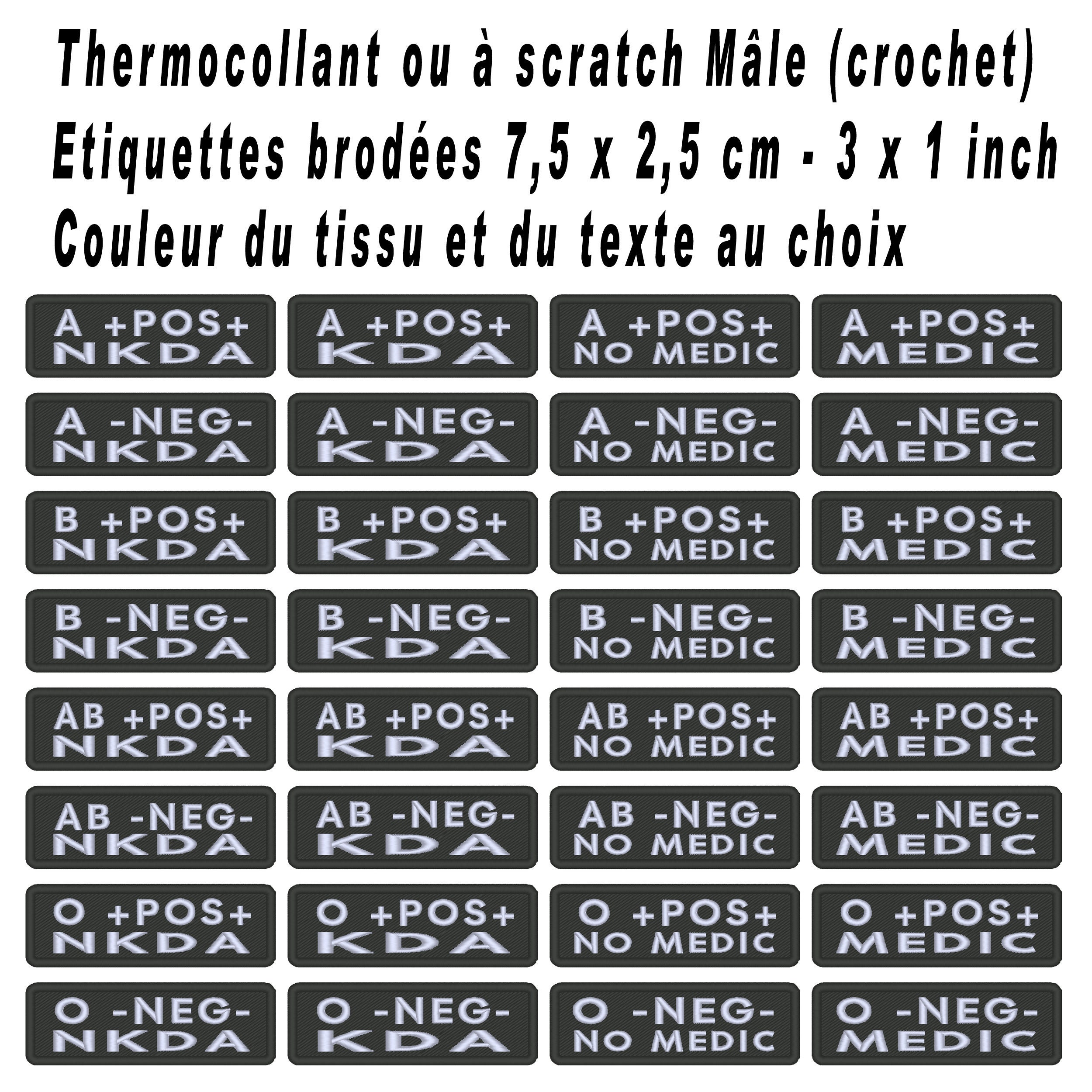 Groupe sanguin, écusson, patch brodé, thermocollant,à coudre, à scratch A A  B B AB AB O O neg pos no medic NKDA by team numérik -  France