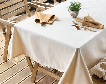 Waterproof garden tablecloth with pom pom trim, ivory outdoor tablecloth with umbrella hole, beige patio tablecloth, Express shipping