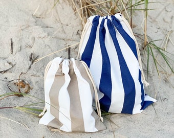 Waterproof Cotton Swimsuit Bag, Striped Drawstring Wet Bikini Bag, Personalized Water Resistant Beach Bag