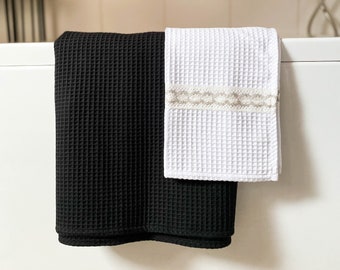 Black Organic Cotton Waffle Towel, Lightweight Whitest White Bath Towel, Absorbent XL Bath Sheet, Guest Bathroom Towel Set, Waffle Tea Towel