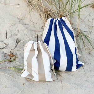 Bolsa de traje de baño de algodón impermeable, bolsa de bikini mojado con cordón a rayas, bolsa de playa personalizada resistente al agua imagen 1