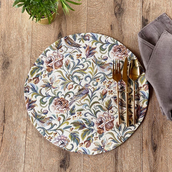 Set of Round Floral jacquard Placemats, Autumn table setting placemats, traditional tapestry placemats