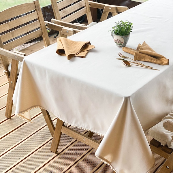 Waterproof garden tablecloth with pom pom trim, ivory outdoor tablecloth with umbrella hole, beige patio tablecloth, Express shipping