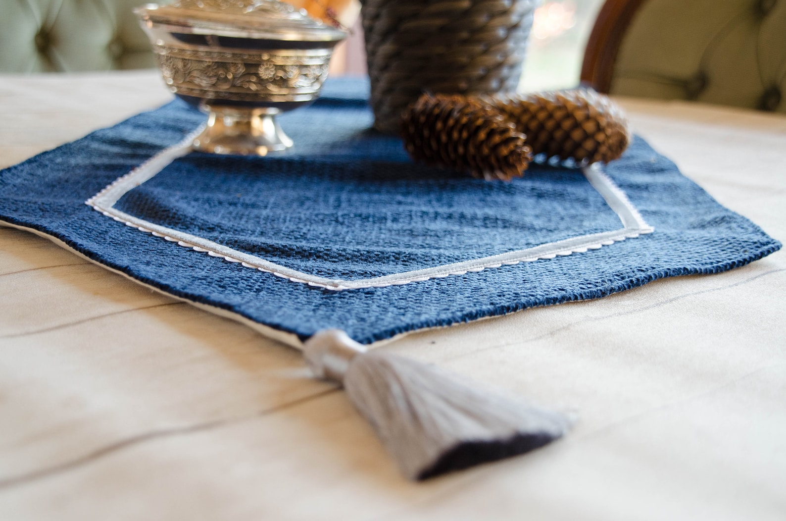 Blue Tapestry Table Runner With Grey Tassels Washable Soft Etsy