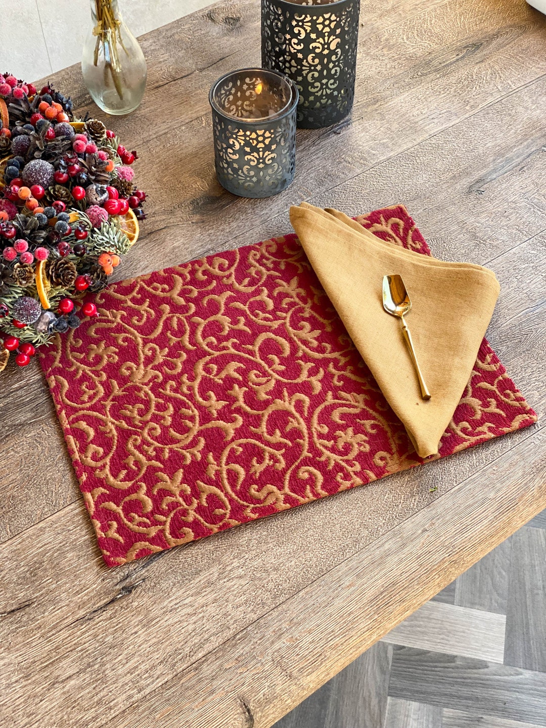 Red and Gold Patterned Moroccan Placemats, Soft Heavy Placemat Set