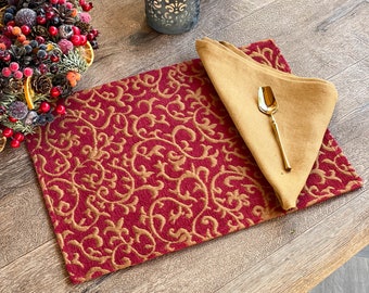 Red and Gold Jacquard Christmas Placemats – Washable Linen, Hostess Gift