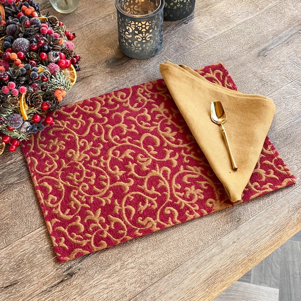 Christmas Placemats - Jacquard Placemats, Fabric Placemats, Red and Gold Christmas Decor, Washable Placemats, Quality Linen, Hostess Gift