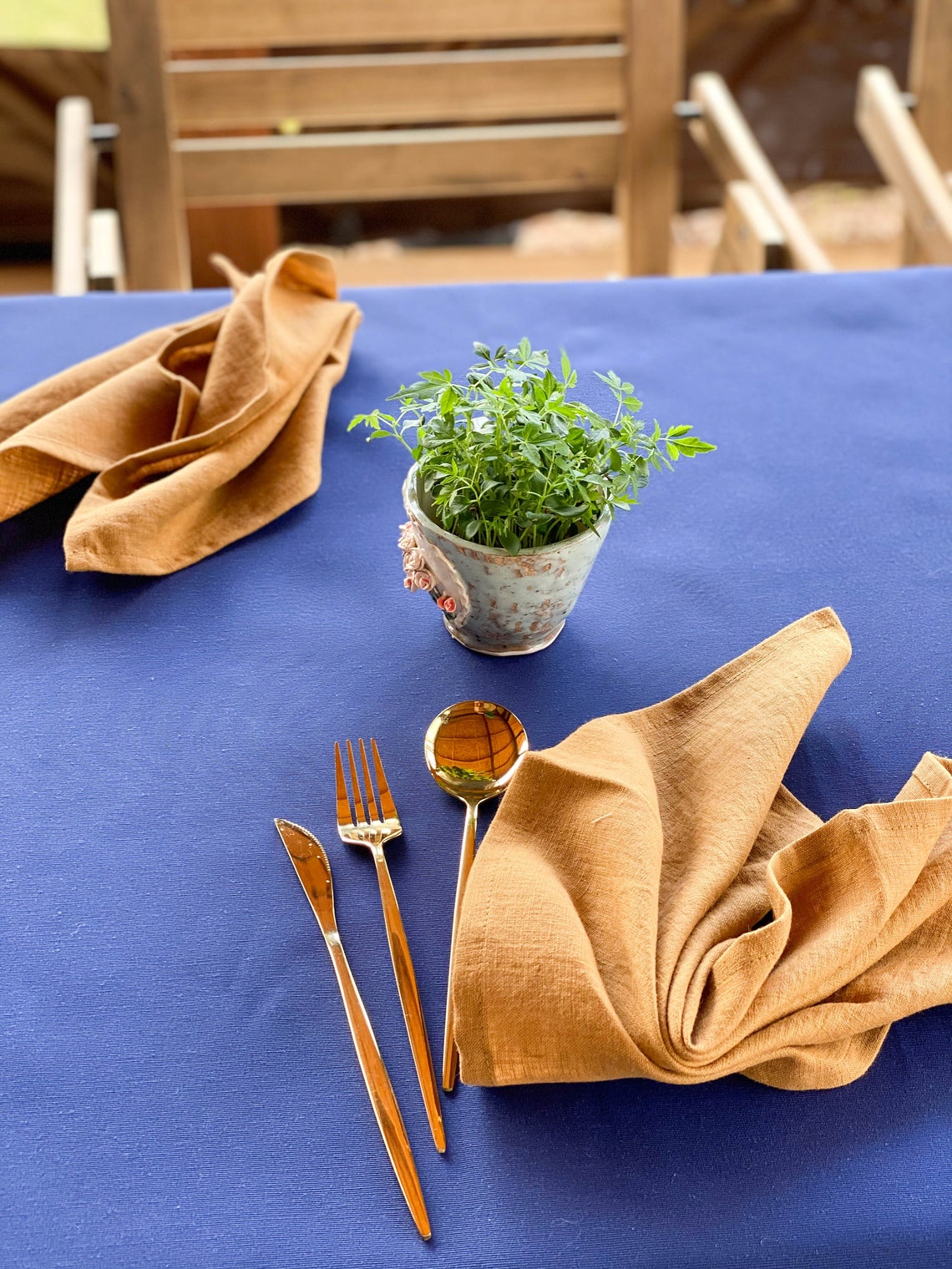 Blue Garden Tablecloth With Pom Pom Trim Waterproof Outdoor Etsy