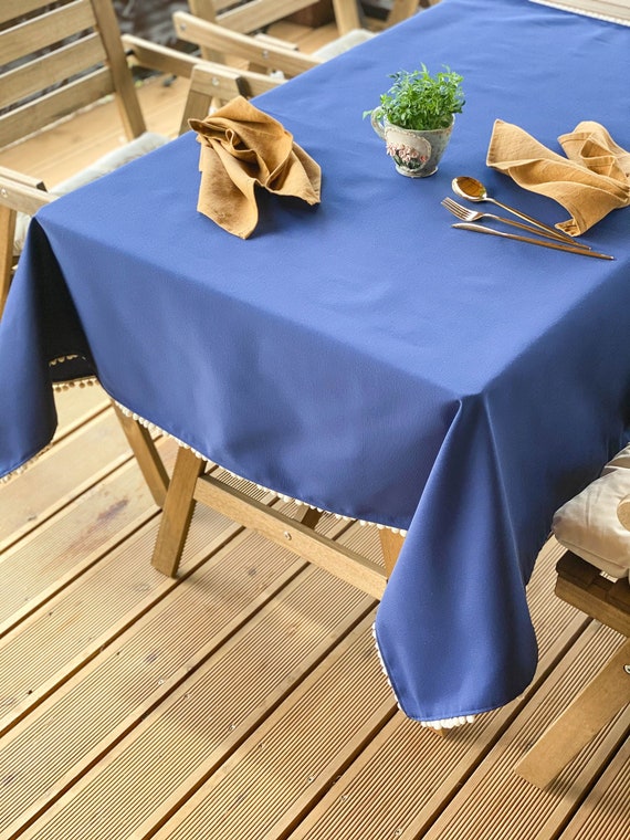 Blue Garden Tablecloth With Pom Pom Trim Waterproof Outdoor | Etsy