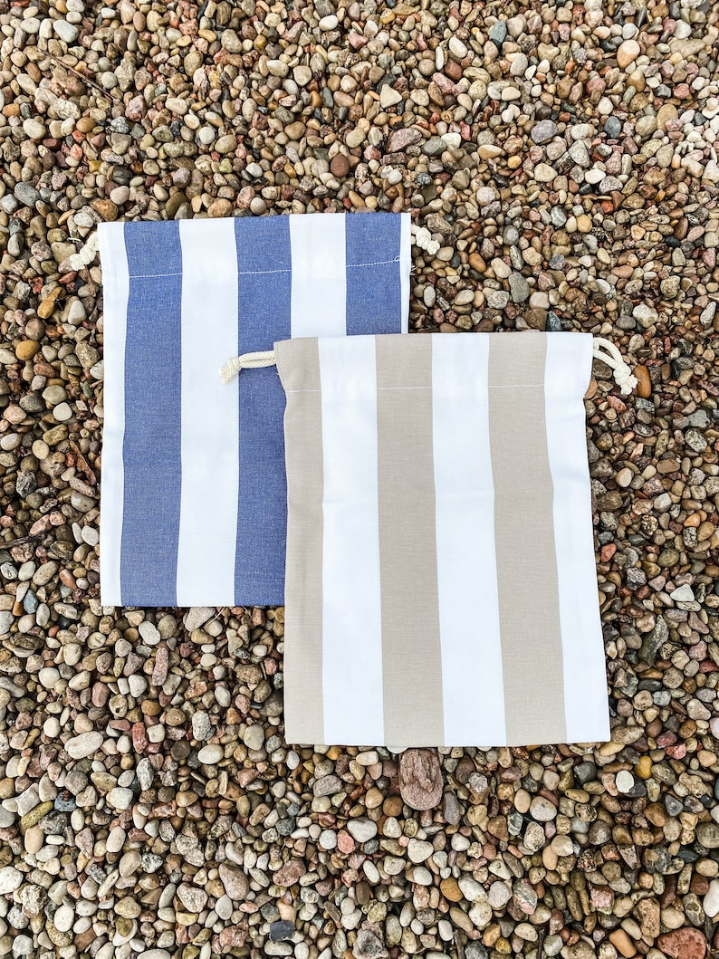 Bolsa de traje de baño de algodón impermeable, bolsa de bikini mojado con cordón a rayas, bolsa de playa personalizada resistente al agua imagen 8