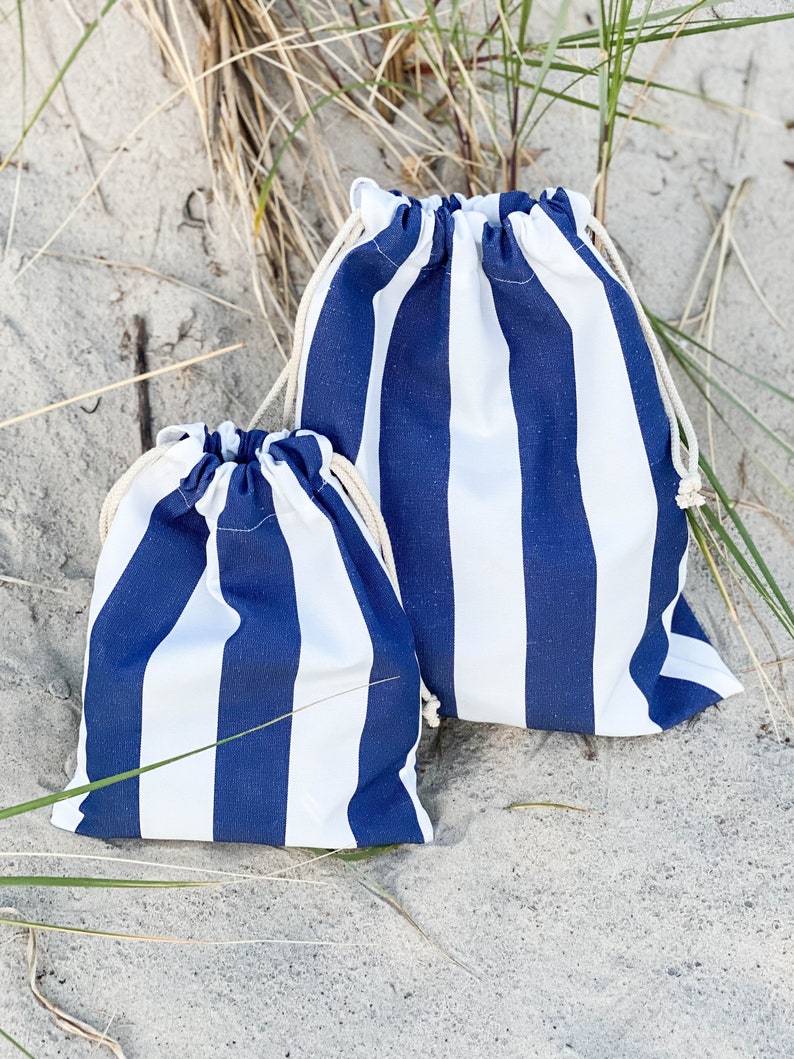 Bolsa de traje de baño de algodón impermeable, bolsa de bikini mojado con cordón a rayas, bolsa de playa personalizada resistente al agua imagen 5