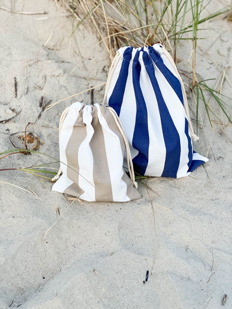 Bolsa de traje de baño de algodón impermeable, bolsa de bikini mojado con cordón a rayas, bolsa de playa personalizada resistente al agua imagen 1