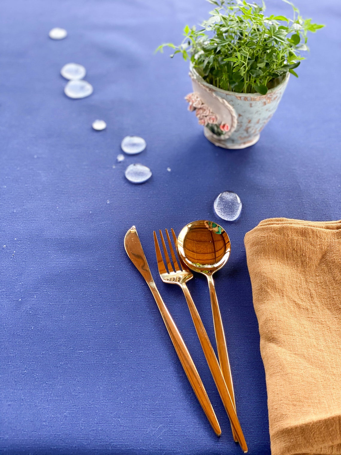 Blue Garden Tablecloth With Pom Pom Trim Waterproof Outdoor Etsy