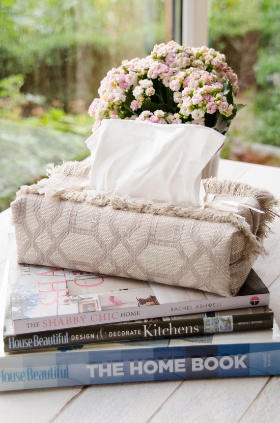 Dusty pink tissue box cover with fringes, geometrical fabric tissue box cover