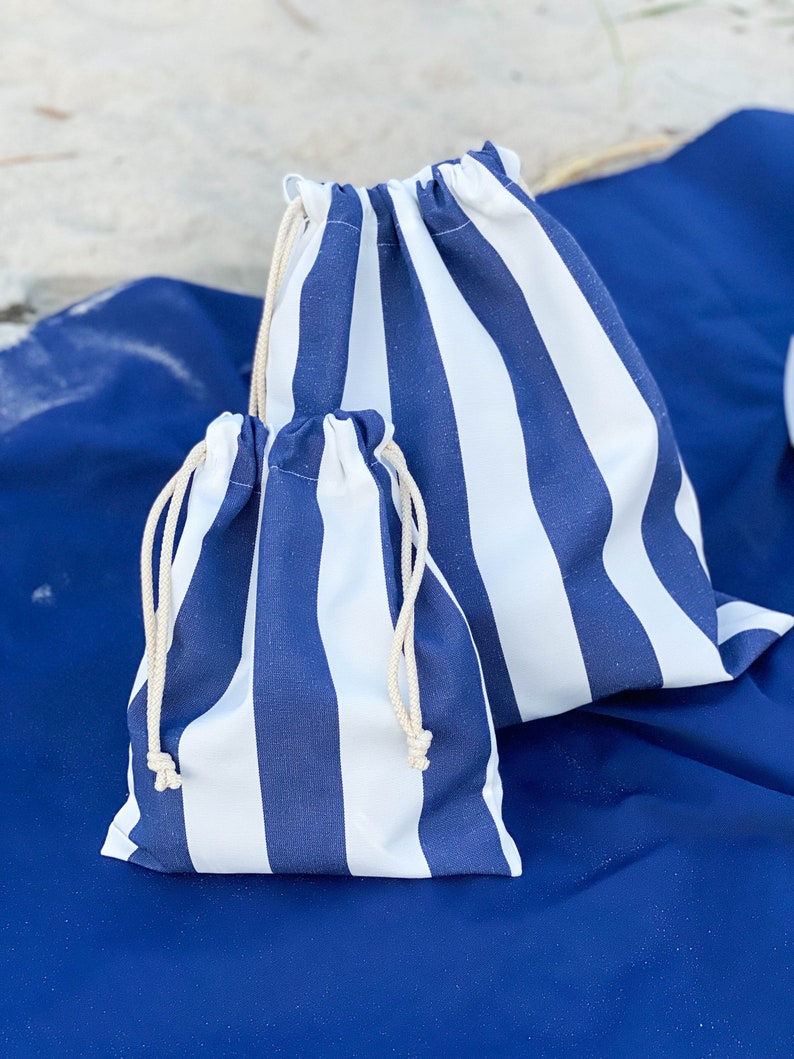 Bolsa de traje de baño de algodón impermeable, bolsa de bikini mojado con cordón a rayas, bolsa de playa personalizada resistente al agua imagen 3