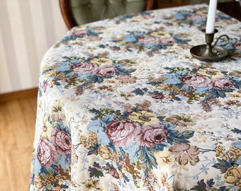 Botanische Gobelin Tischdecke mit Rosen, waschbare florale Jacquard Tischdecke