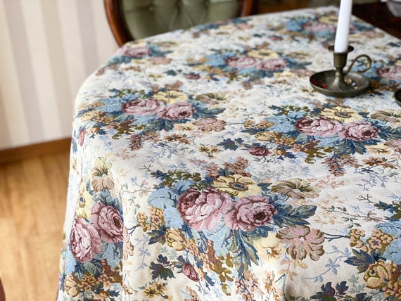 Botanische Gobelin Tischdecke mit Rosen, waschbare florale Jacquard Tischdecke