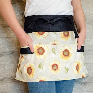 Garden apron, denim gardening apron for women with floral patterns, half apron with pockets, sunflower apron, florist apron