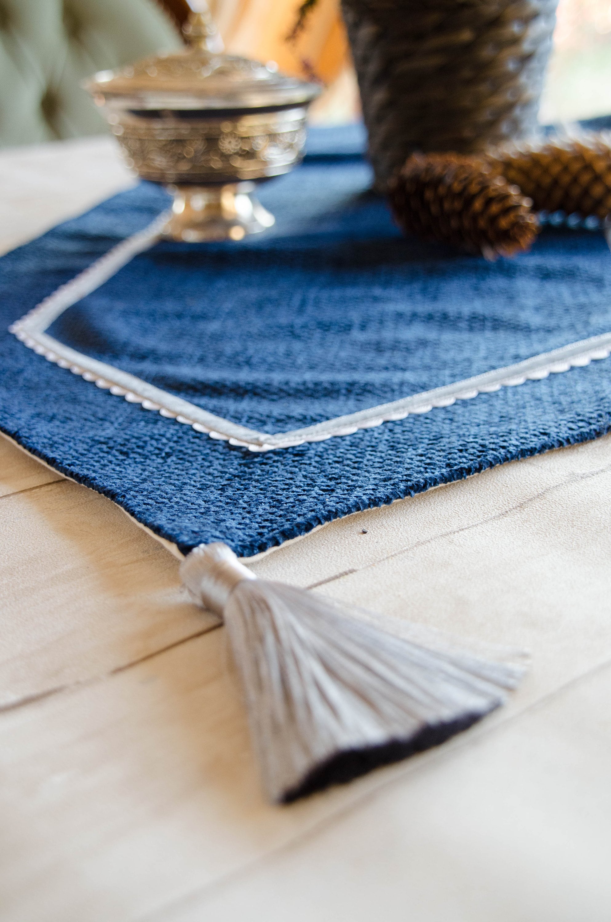Blue Tapestry Table Runner With Grey Tassels Washable Soft Etsy