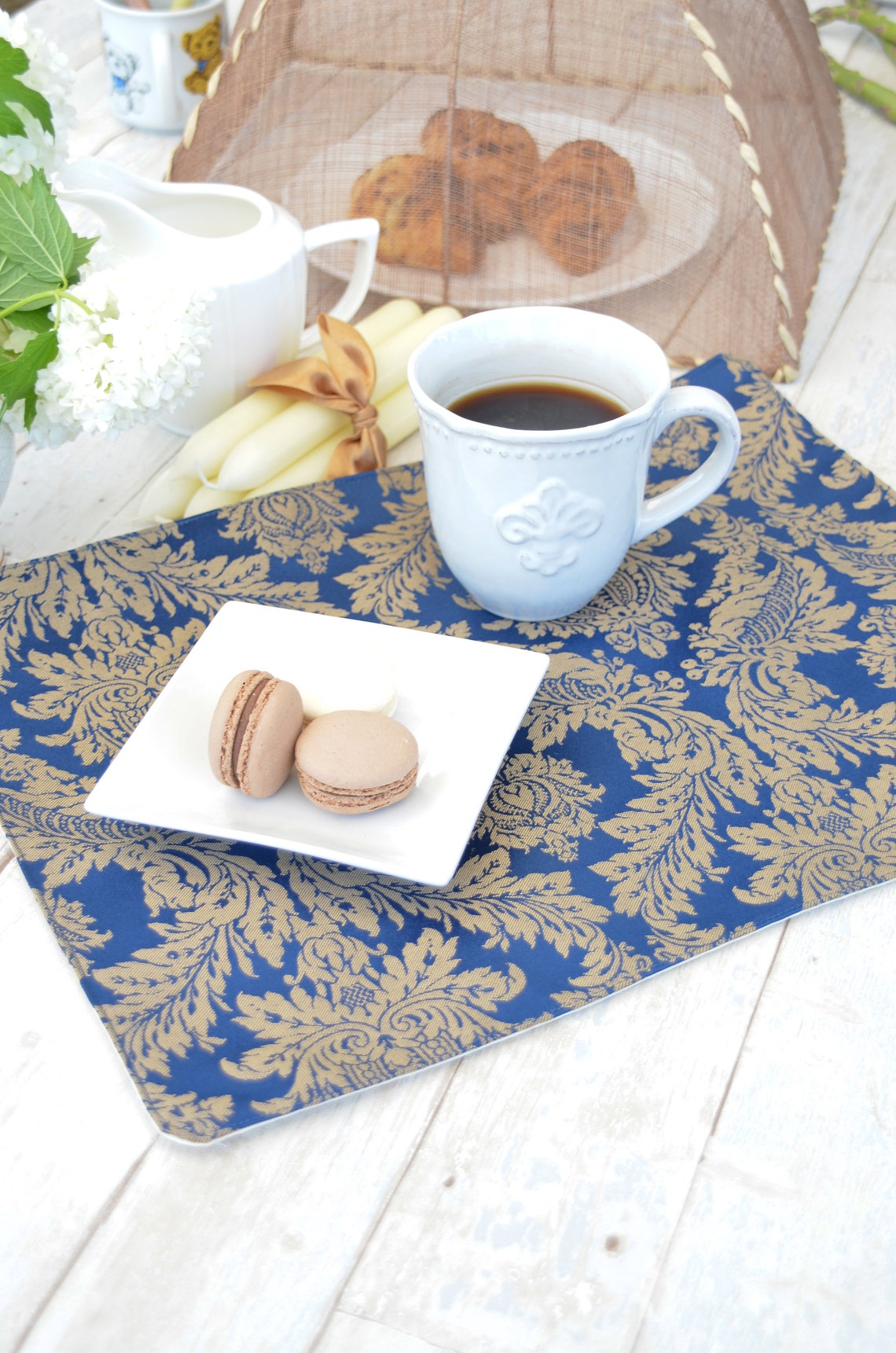 Blue damask print Placemat Place mat made of jacquard Etsy