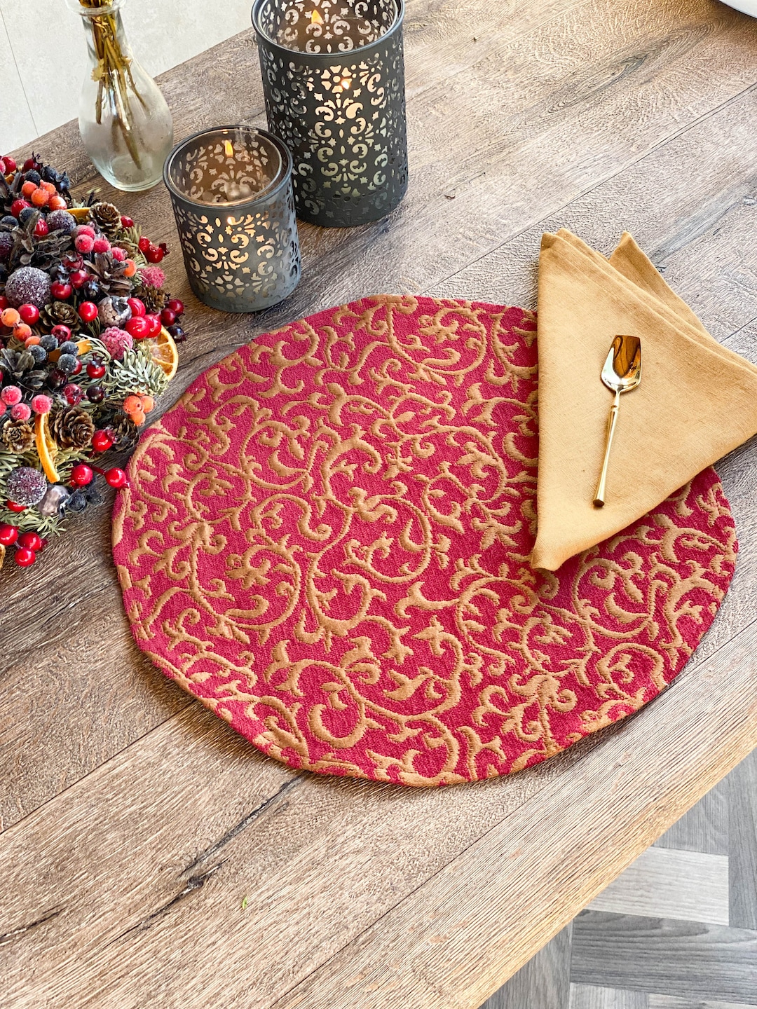 Red Round Tapestry Placemat Set Traditional Red Christmas Etsy