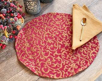 Red Round tapestry Placemat set, Traditional Red Christmas table setting, Rustic gold and red Christmas dinner setting placemats