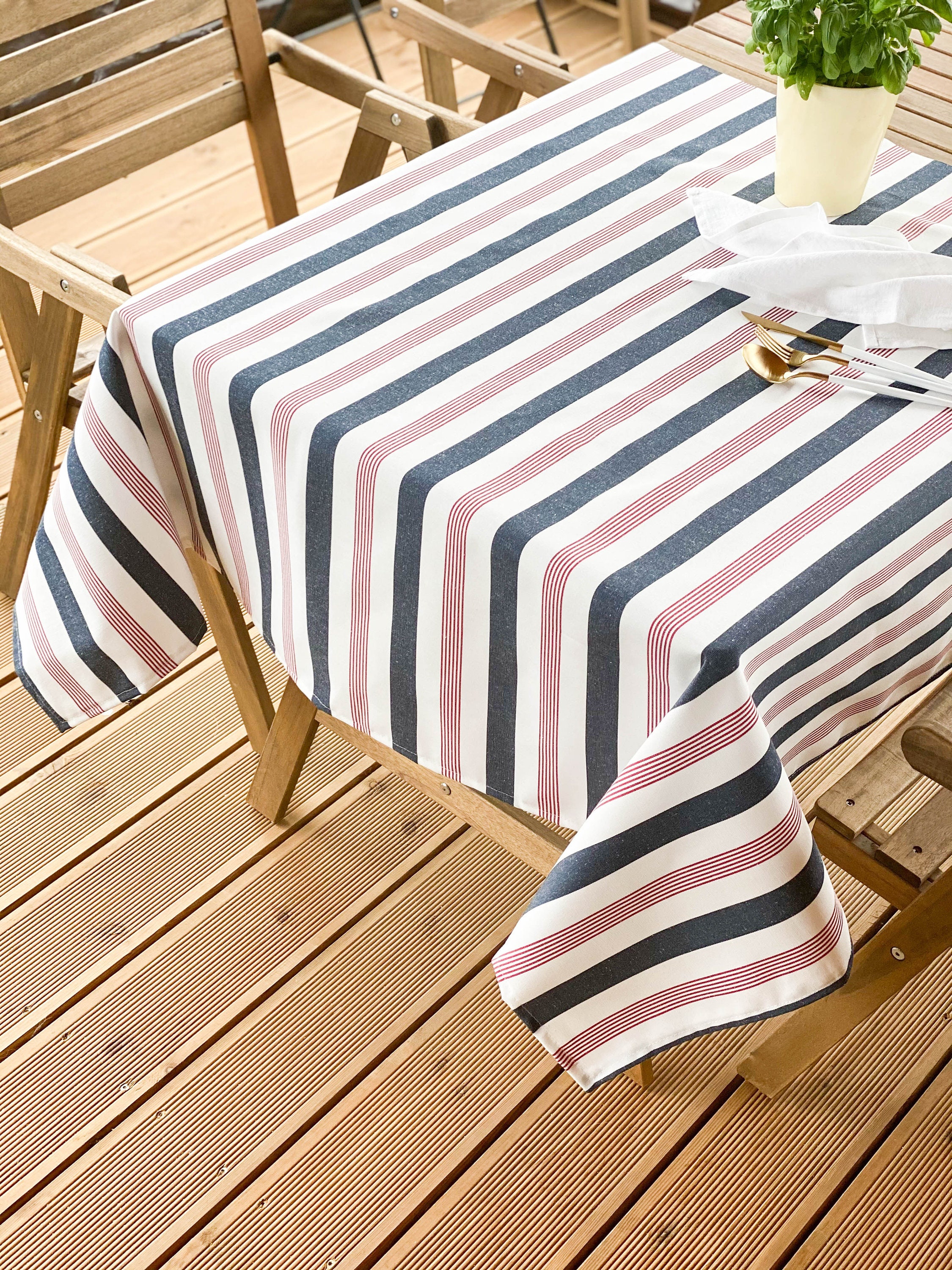 Wasserdichte Gartentischdecke, Außentischdecke mit Regenschirmloch, gestreifte Terrassentischdecke, maritime Tischdecke