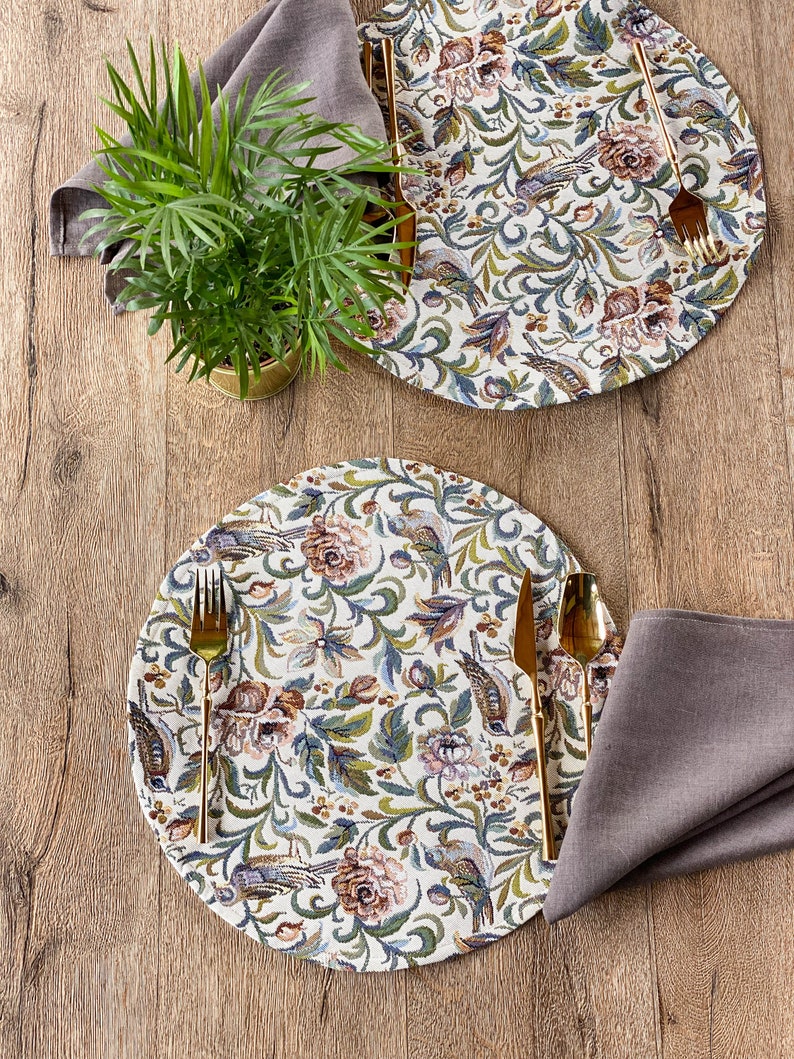 Set of Round Floral Jacquard Placemats, Autumn Table Setting Placemats ...