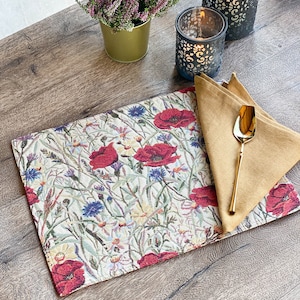 Tapestry fabric placemats with poppies, botanical outdoor placemat set, floral garden placemats, floral mothers day gift