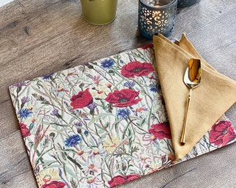 Manteles individuales de tela tapiz con amapolas, juego de manteles individuales botánicos al aire libre, manteles individuales de jardín floral, regalo floral del día de la madre